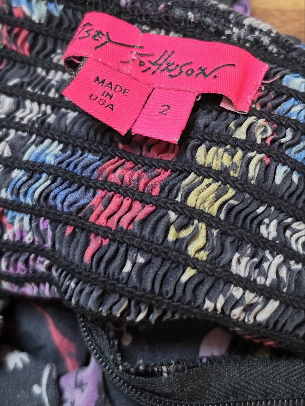 Betsey Johnson Vintage Y2K Silk Floral Ruffles Smocked Tulip Dress Fairy Black 2 - Picture 13 of 16